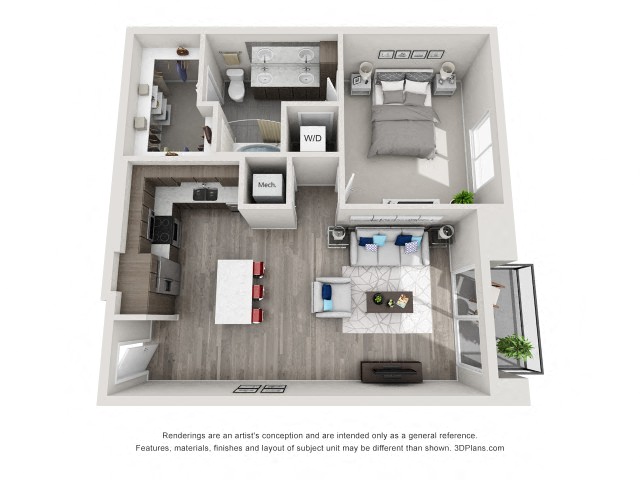 Floor plan for 1 bed, 1 bath, 806 sqft